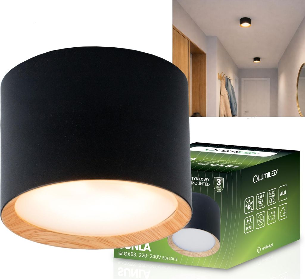 LUMILED Aufbauspot GX53 Fassung Schwarz Holz Akzent Feste Deckenspots Aufputz Deckenstrahler Aufbaustrahler Modern Spot Deckenleuchte Rund Aluminiu...