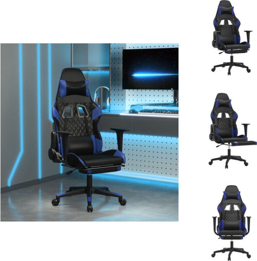 vidaXL Gaming-Stuhl mit Massage & Fußstütze Schwarz & Blau Kunstleder - Gaming-Sessel