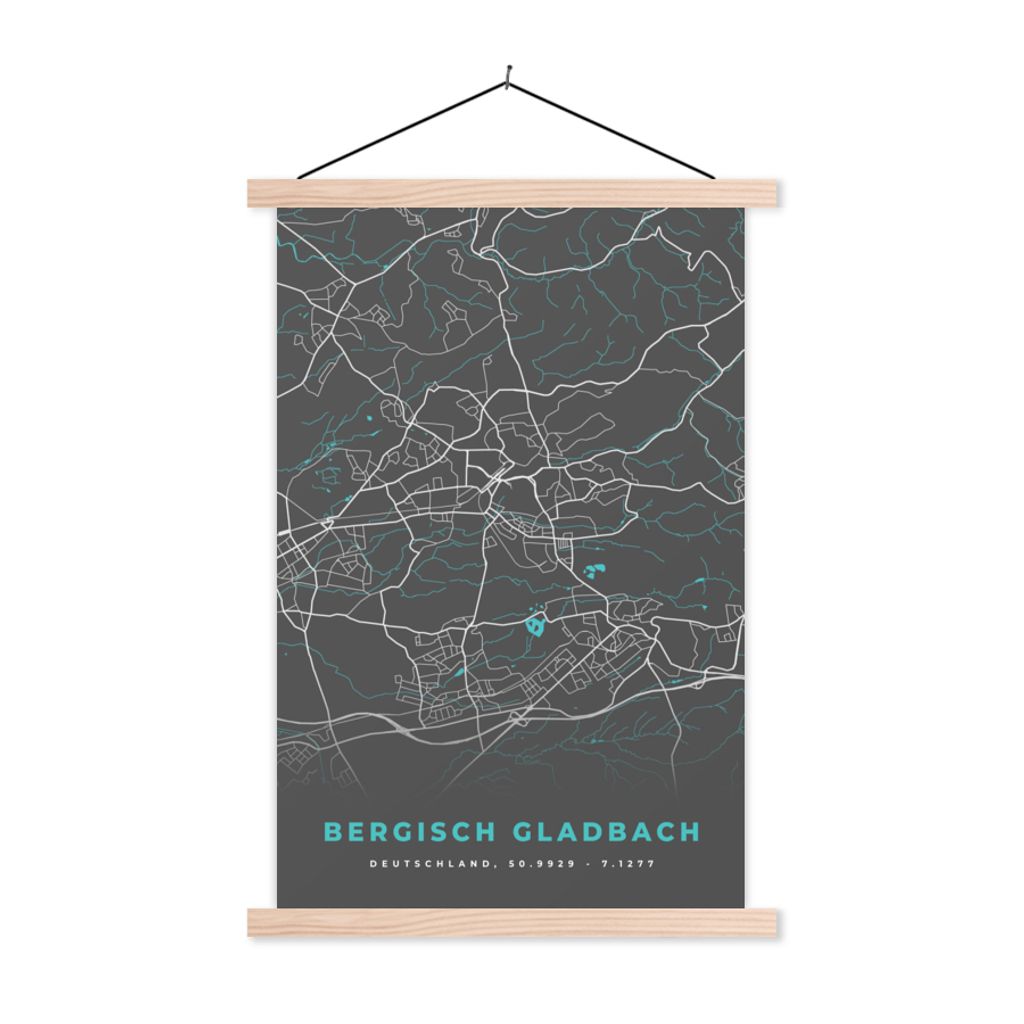 MuchoWow Textilposter Stadtplan - Deutschland - Blau - Bergisch Gladbach - Karte 40x60 cm mit holzfarbenen Rahmen - Poster