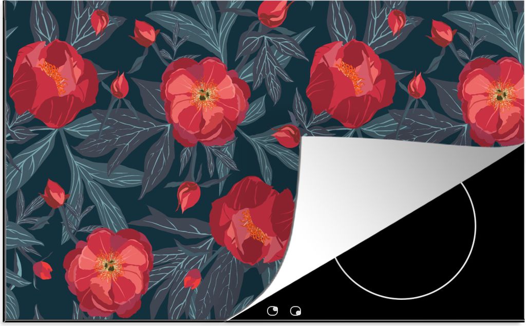 KitchenYeah Herdabdeckplatte Blumen - Rot - Blätter - Muster , 91x52cm, Küche Deko, Glaskeramikfeld Herdabdeckung, Abdeckplatte fùr Kochfeld