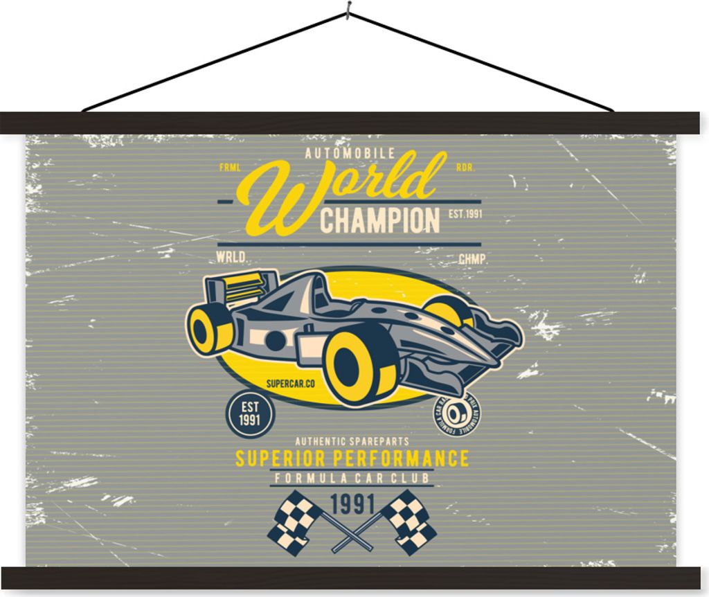 MuchoWow Textilposter Rennwagen - Oldtimer - Flagge 120x80 cm mit schwarzem Rahmen - Wanddeko