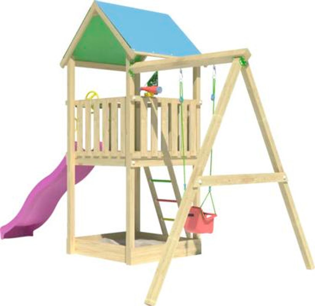 Einzelschaukel Spielhaus mit Stelzen Jungle Gym 444 x 267 cm Holz bestehend aus Fahne, Fernrohr, Grundturm, Handgriff, K