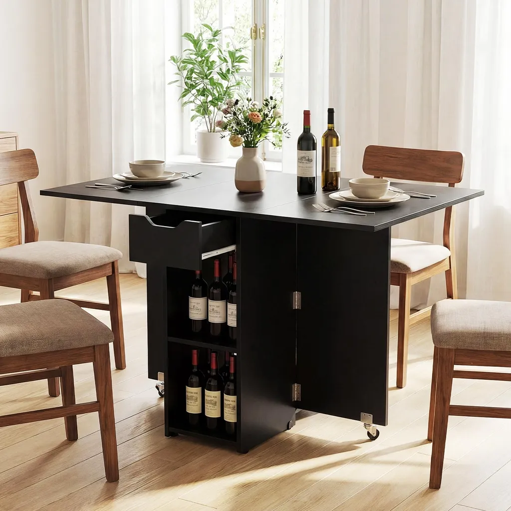 Table pliante 2 à 4 personnes à roulettes et étagères de rangement