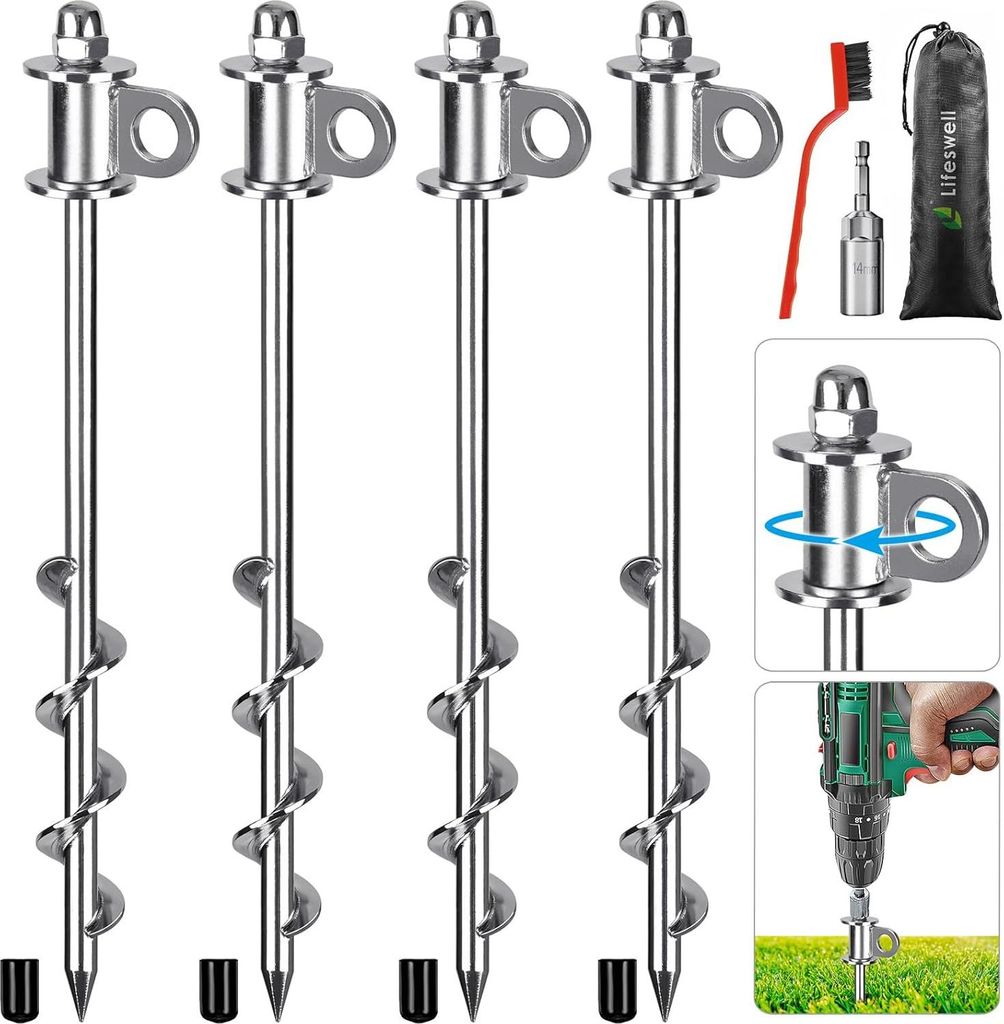 Tentharingen 305 cm - Set von 4, schwere Bodenanker, einfach einzuschrauben - wiederverwendbar - Campingzelte Trampoline Schuppen Schaukelsätze - ...