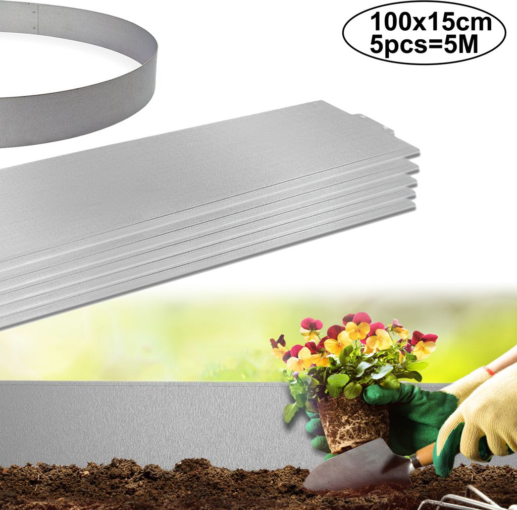 A gardening scene showing metal edging being installed around a flower bed.