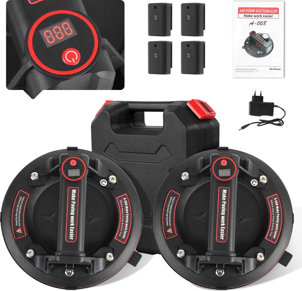 Bettizia 2x Elektrischer Saugnapf 8" Vakuum Saugnapf Glasheber Vakuumheber Mit 4X 3000mAh Akku Vakuum Starker für Heavy Duty