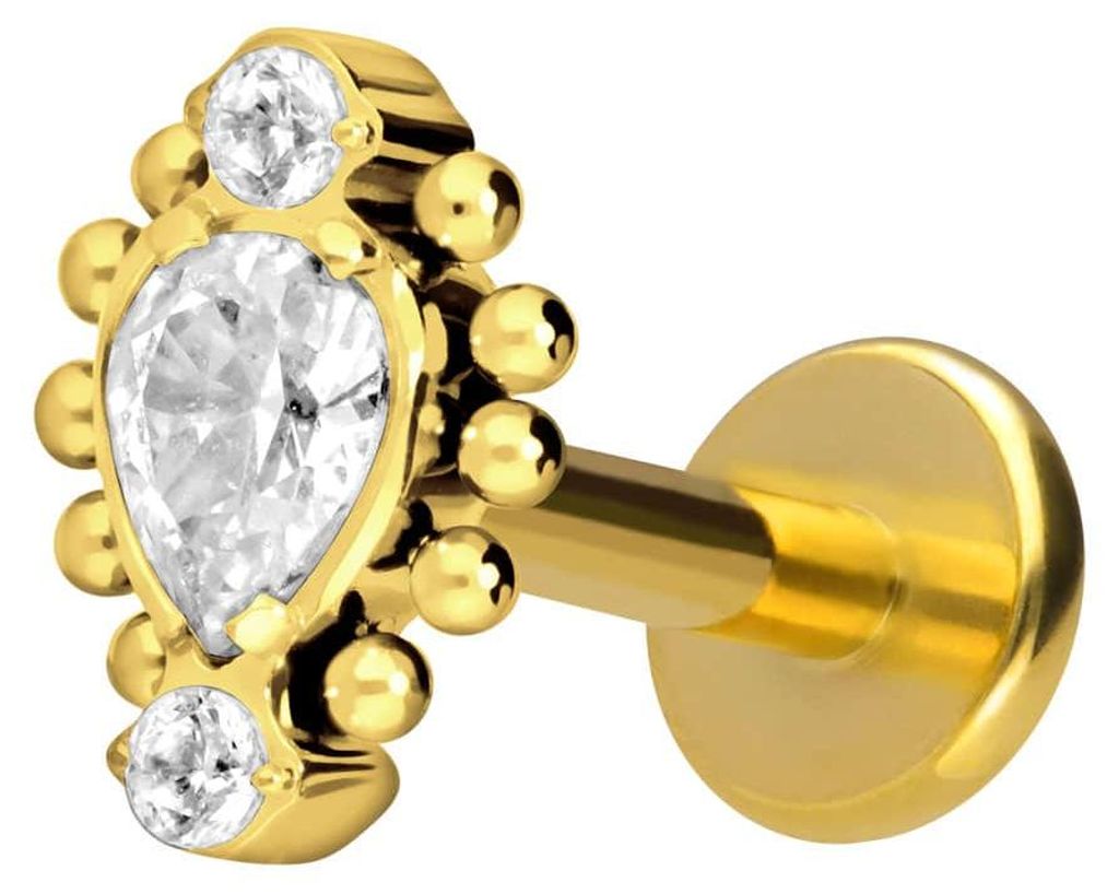 Ohrpiercing, Nasenpiercing Titan Labret mit Innengewinde 3 EINGEFASSTE KRISTALLE + KUGELN Gold Stablänge: 10mm | Stabstärke: 1,6mm
