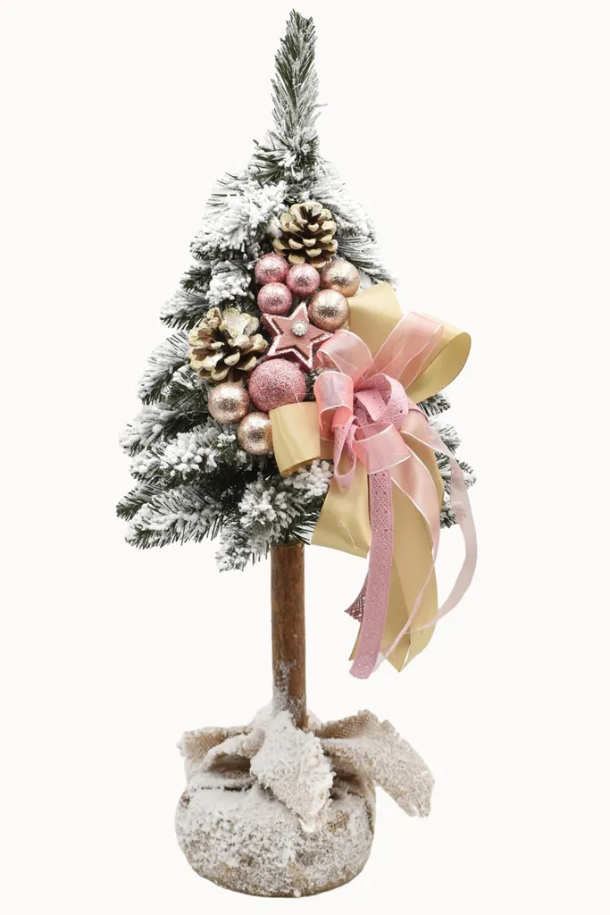 Petit Sapin de Noël Rose Décoratif 65 cm sur Support en Bois Naturel