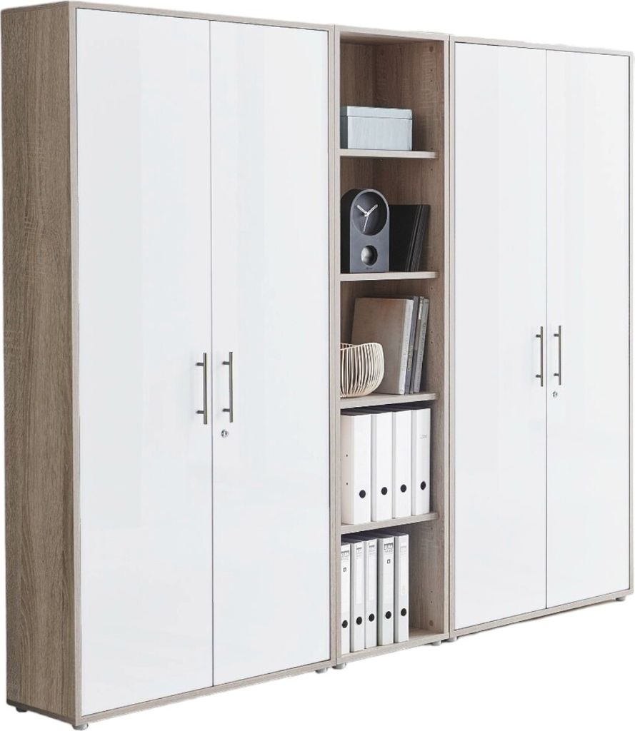 Aktenschrank TABOR 10 in Eiche Sonoma / weiß matt, Schrankwand, Büroschrank, abschließbar, Metallgriffe