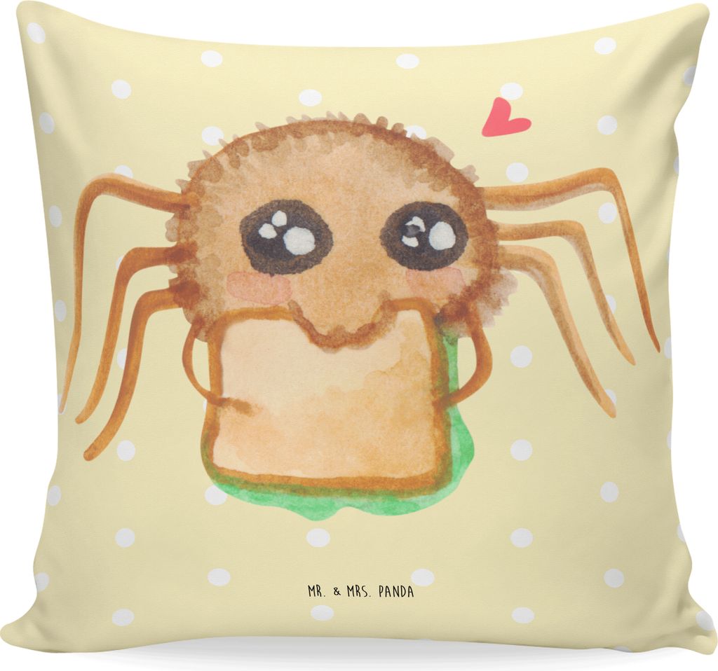 Mr. & Mrs. Panda 40x40 Kissen Spinne Agathe Sandwich - Gelb Pastell - Geschenk, Hungrig, Polster, Lounge, Dekokissen Sofa, Kuschelkissen, Glück, M...