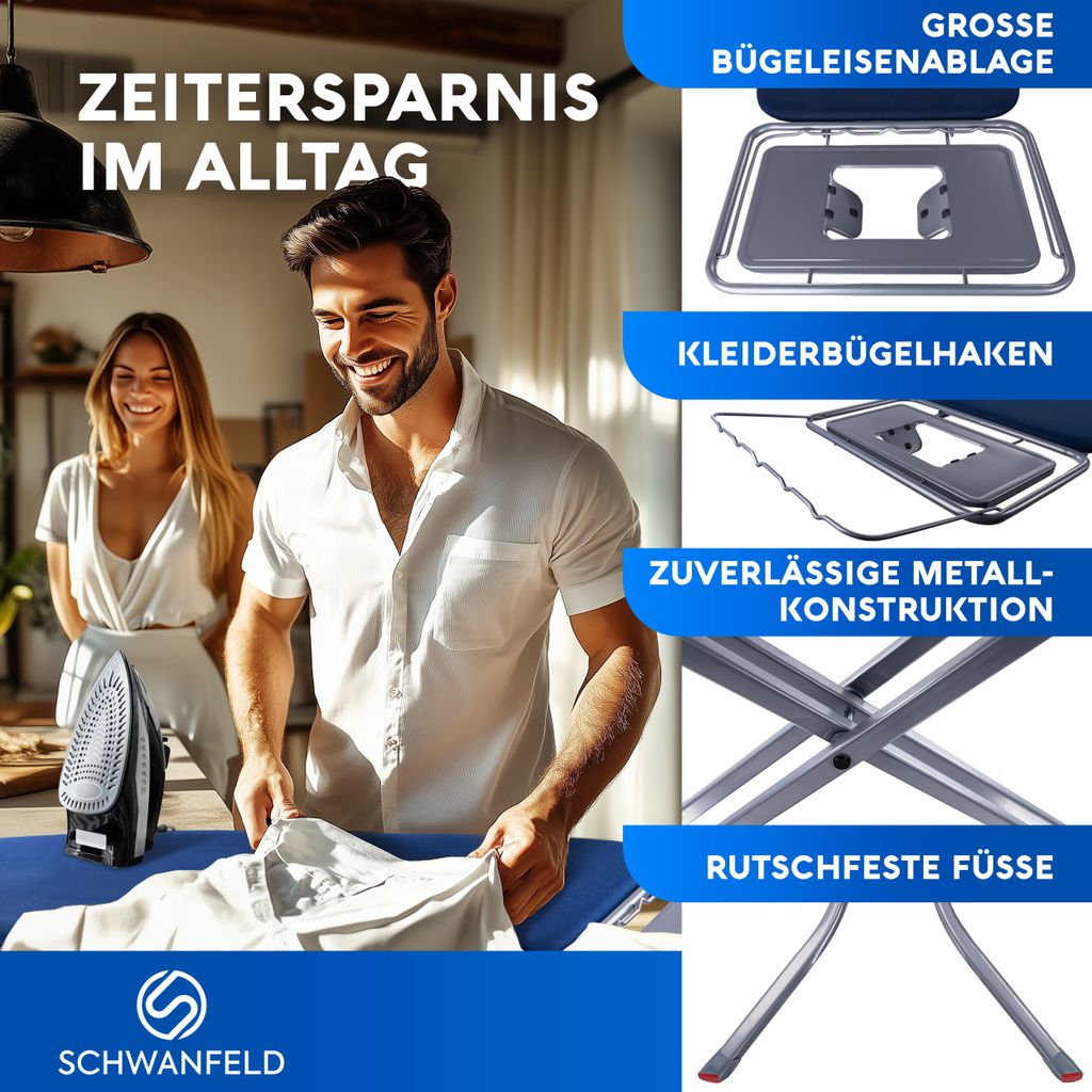 SCHWANFELD® Premium XXL Bügelbrett 122x44cm Bügelfläche Produktbild 6