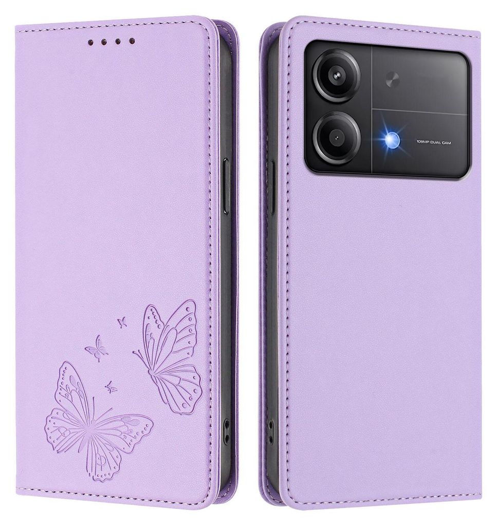 Lederhülle für Xiaomi Poco X6 Neo, Schmetterling Prägung Leder Brieftasche Schutzhülle mit Ständer Violett