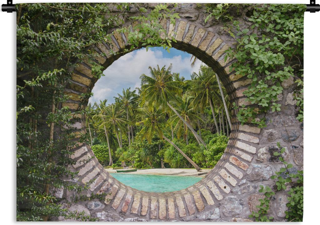 MuchoWow Wandteppich Wandbehang Durchblick - Palme - Tropen - Strand - Meer 120x90 cm Tapisserie Dekoration Wandtuch - Wohnen - Aufhänger für d...