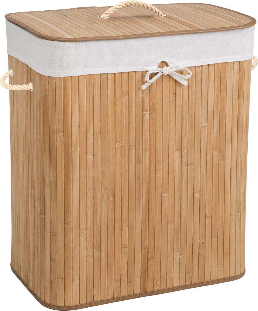 A rectangular bamboo laundry basket with a white fabric liner and a rope handle on the lid.
