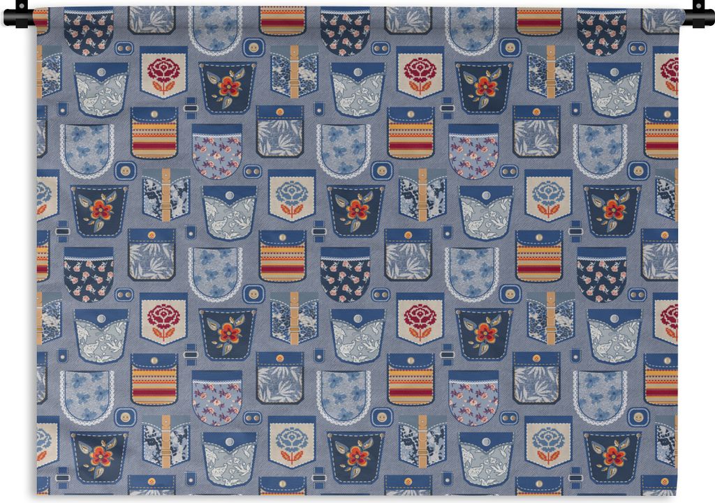 MuchoWow Wandteppich Wandbehang Hosen - Denim - Aufnäher - Schnittmuster 150x112.50 cm Tapisserie Dekoration Wandtuch - Wanddecke - Wandteppiche