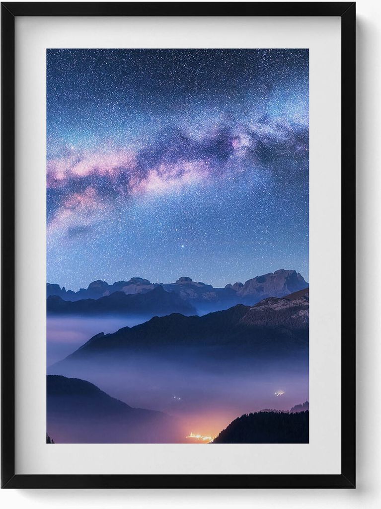 Sternenhimmel über den Bergen– Wandbild mit Rahmen – Gerahmtes Bild – Wanddekoration – 50x70 cm – Schwarz Rahmen
