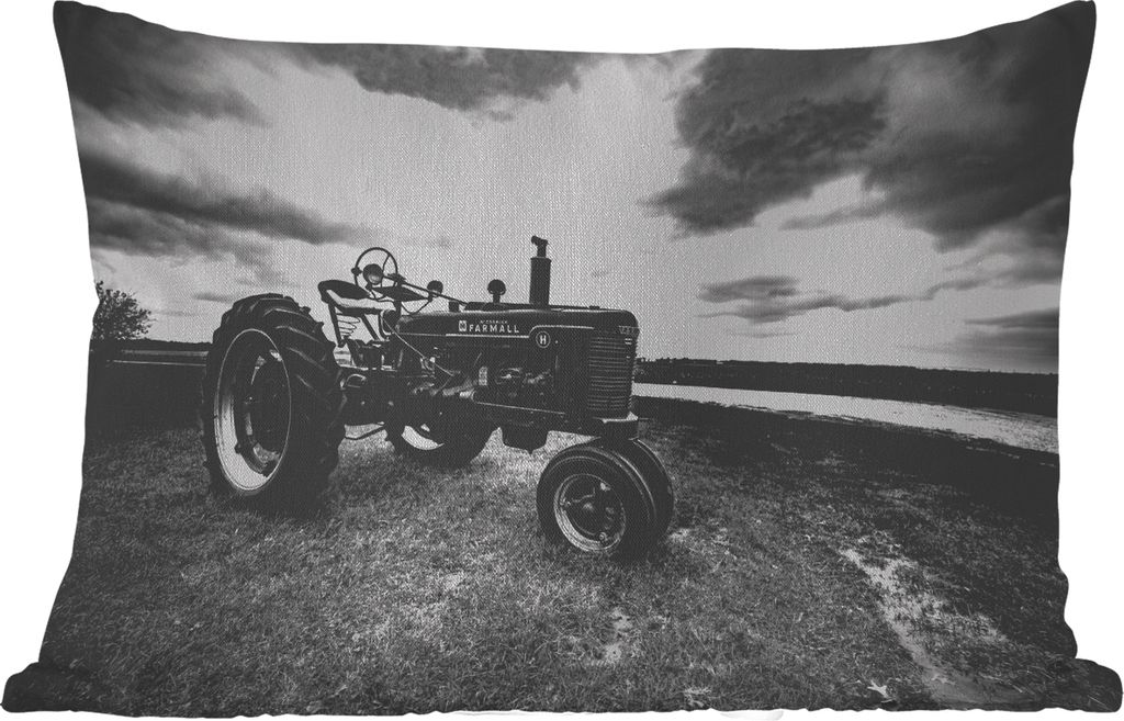 MuchoWow Outdoor Kissen - Traktor - Schwarz - Weiß - Bauernhof - Vintage - 50x30 cm - Wetterfest - Lounge Kissen - Sofa kissen - Wohnzimmer Deko...