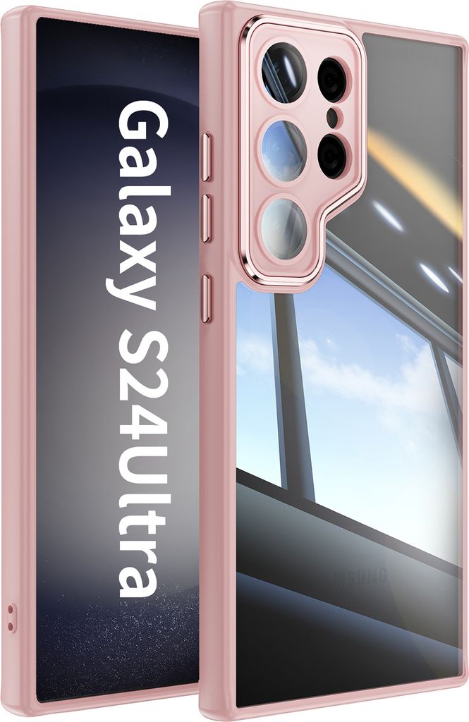 Handyhülle für Samsung Galaxy S24 Ultra Hybrid Transparent TPU PC Militärschutz mit Kameraabdeckung Pink
