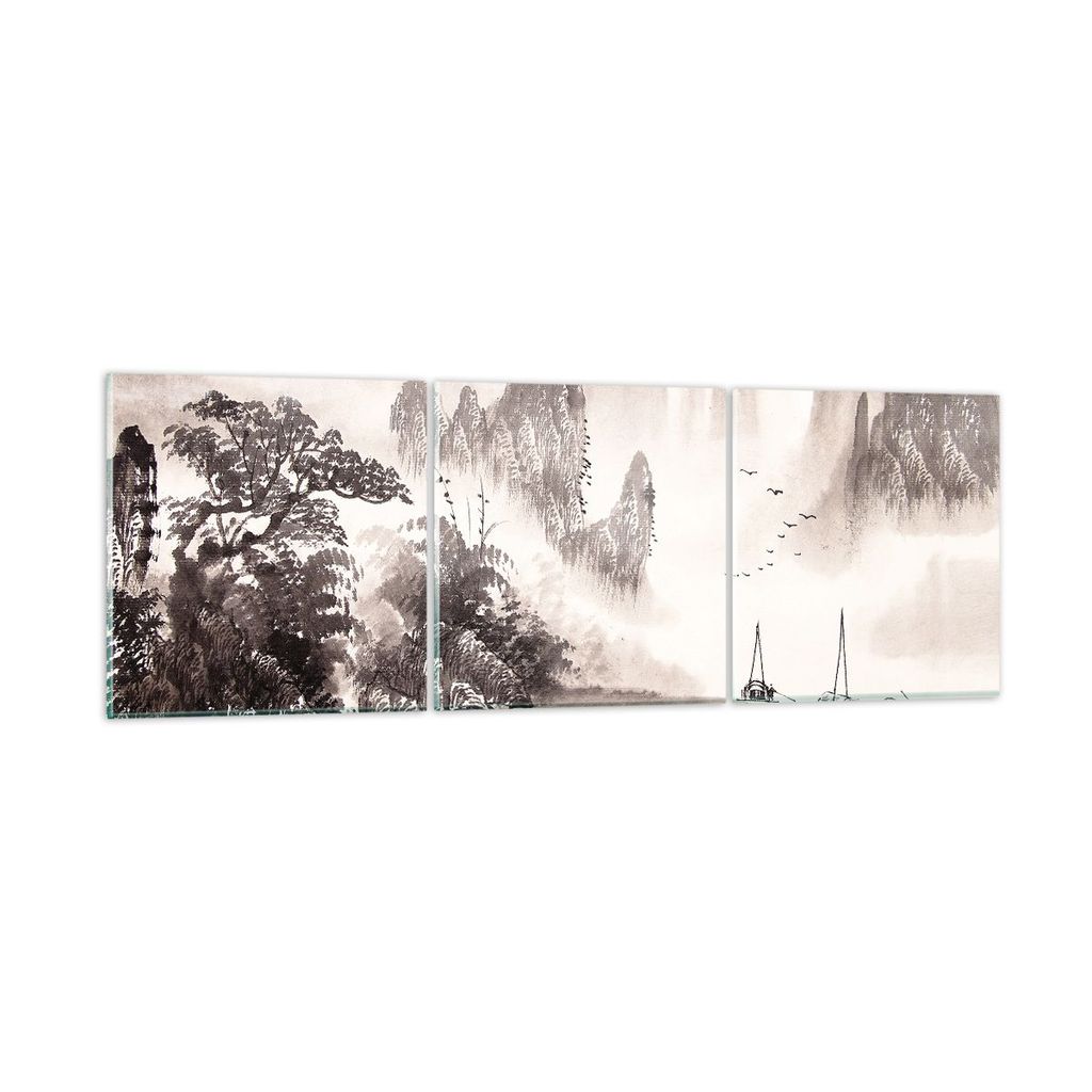 Bilder auf glas - 3 Teile - Chinesisch Landschaft Aquarell - 90x30cm - Glasbilder - Wandbilder - Bilder - Wanddekoration aus Glas - Glas Bilder - W...