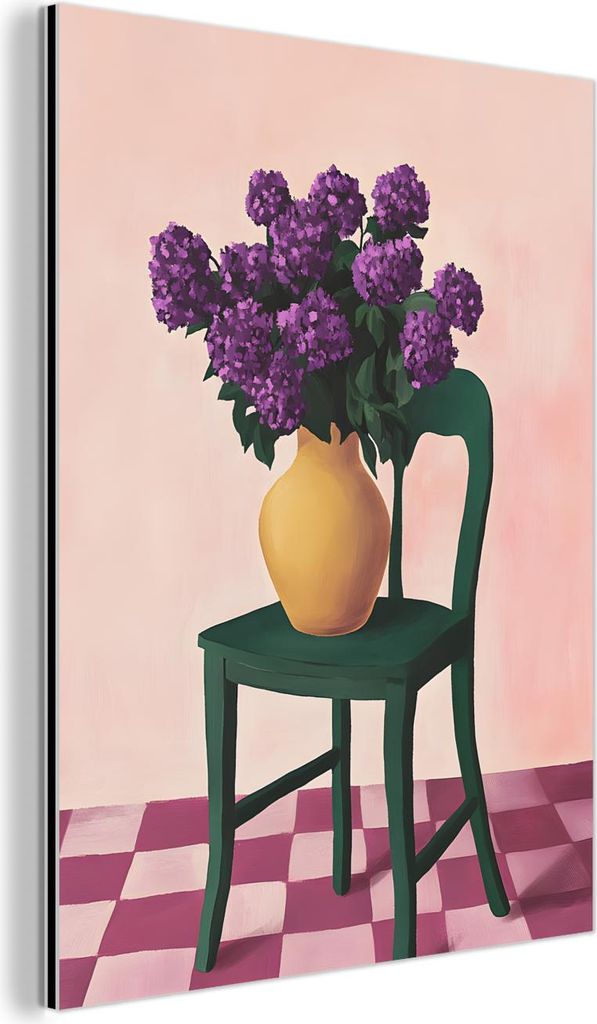 MuchoWow Wanddekoration Metall Metallbild Wandkunst 90x120 cm Stuhl - Vase - Blumen - Blockiert MuchoWow Aluminium Gemälde - Industrial