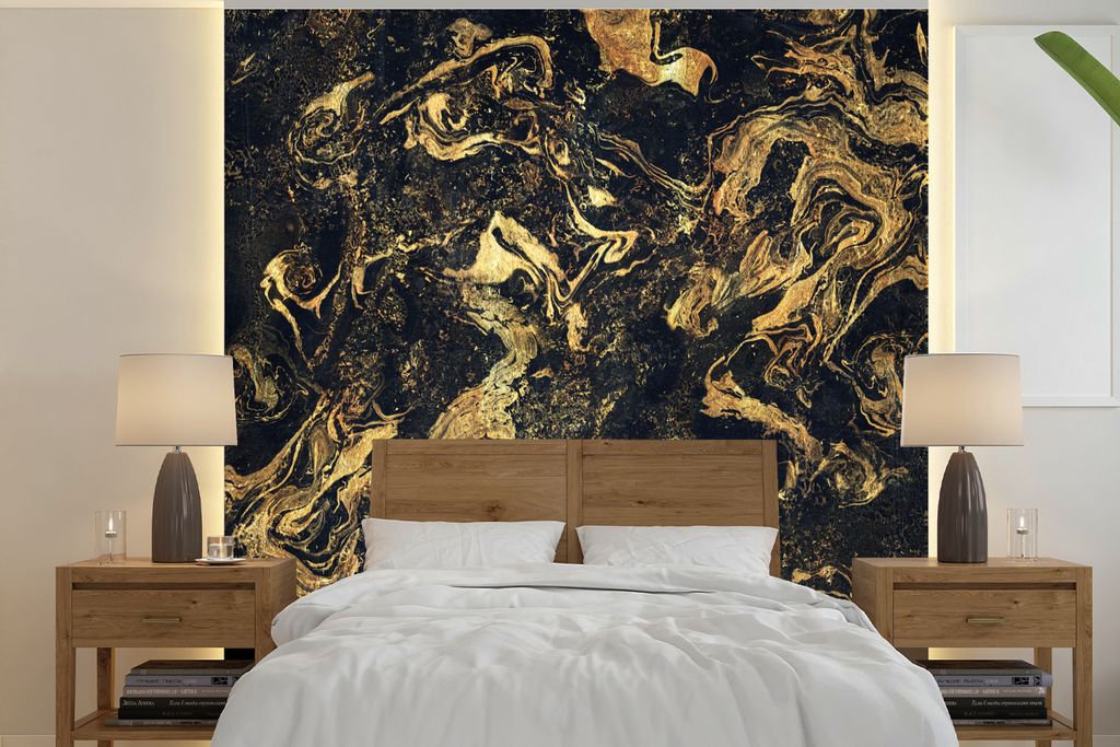 MuchoWow Fototapete für Wohnzimmer oder Schlafzimmer Wandtapete Vinyl Motivtapete Nahaufnahme von Gold mit schwarzem Marmor Natur - 220x220 cm -...