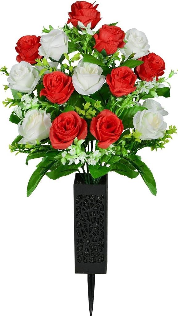 GKA üppiges elegantes Grabgesteck mit 18 Rosen – rot weiß Produktbild 