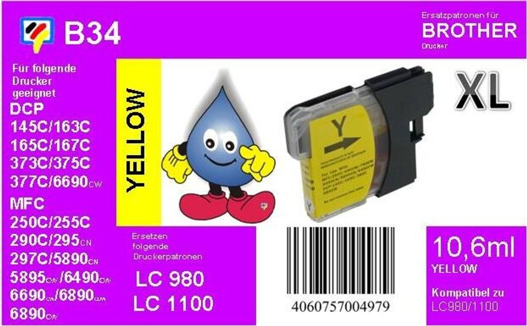 LC-1100HYY / LC980 Ersatzdruckerpatrone yellow mit 750 Seiten Druckleistung nach ISO/24711 für Brother DCP6690CW, MFC5890CN, MFC6490CW, MFC6890CDW