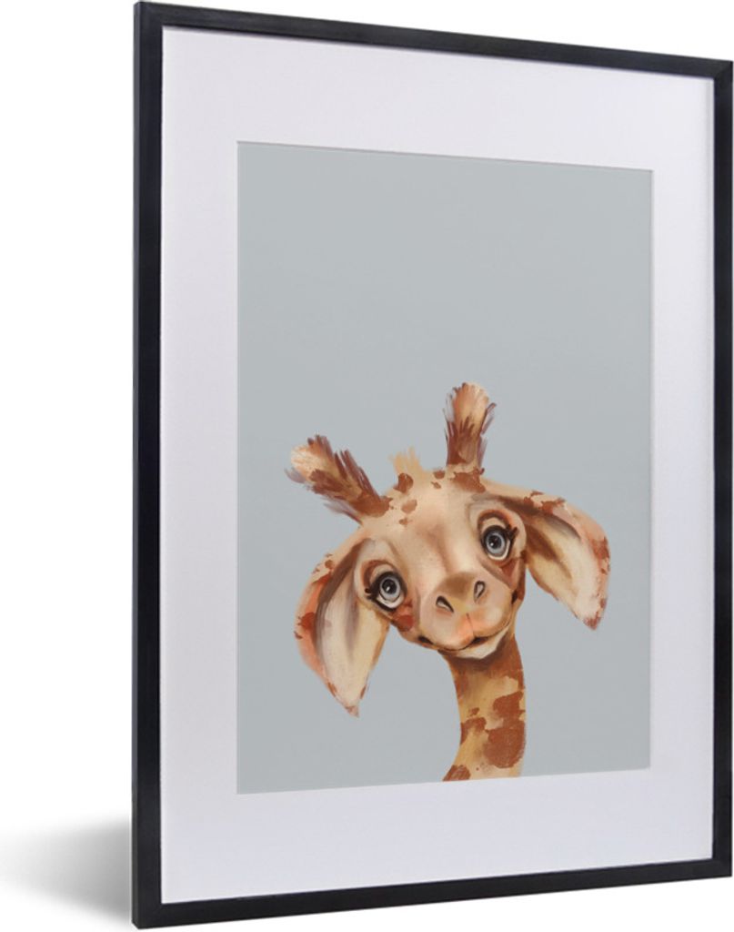 MuchoWow Gerahmtes Poster Giraffe - Grau - Porträt 30x40 cm - Poster mit Schwarzem Bilderrahmen Wandposter Rahmen Foto Bilder - Wandposter Schla...
