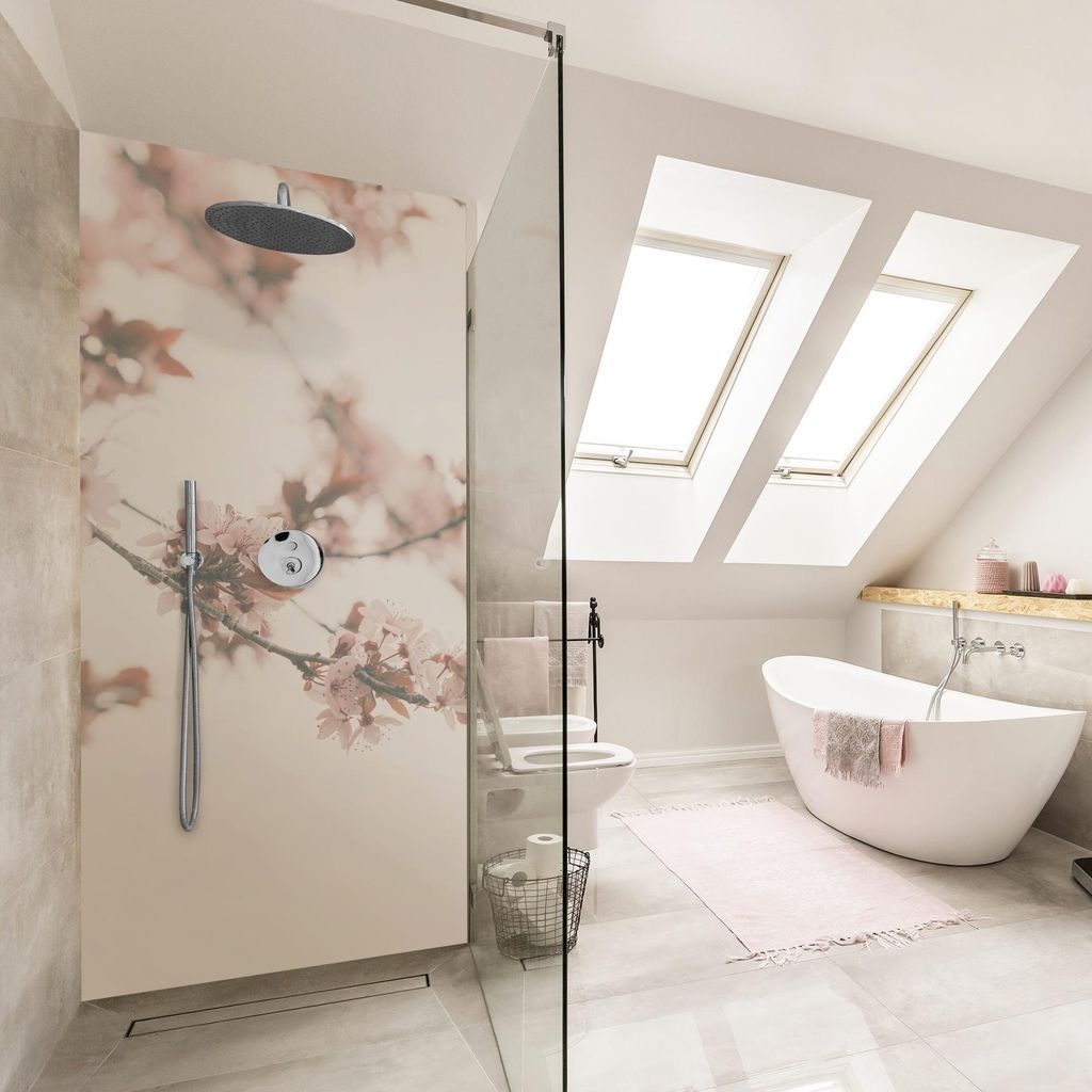 Duschrückwand Blumen selbstklebend - 0.61 mm Wandpaneel wasserfest Kirschblüte beige Landhaus Badrückwand fugenlos Premium matt 100x190 cm