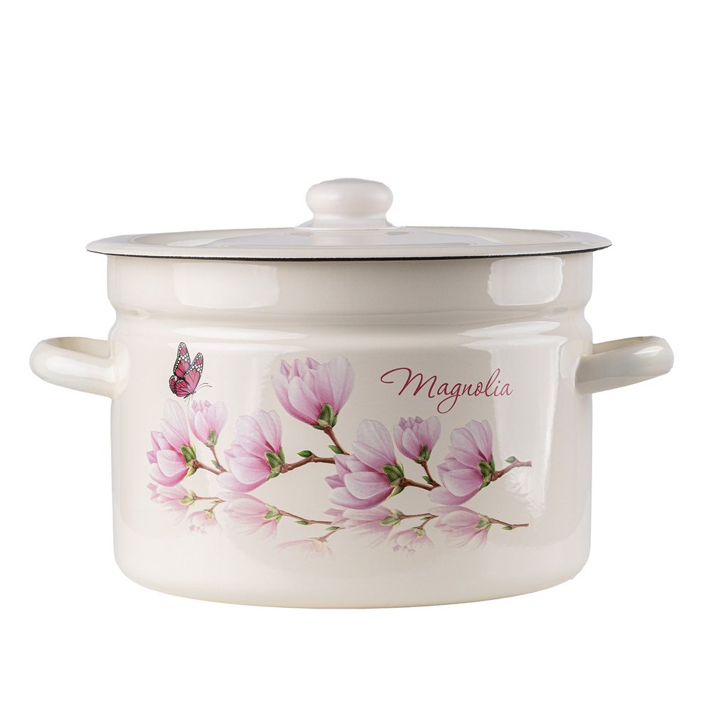 A cream-colored enamel pot with a lid, decorated with pink magnolia flowers and a small butterfly.