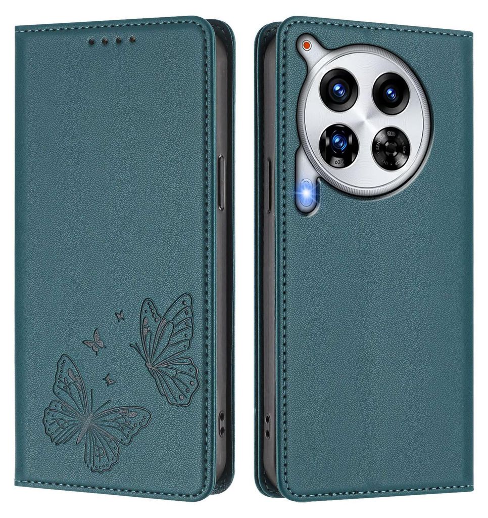 Lederhülle für Tecno Camon 30 Premier, Schmetterling Prägung Leder Brieftasche Schutzhülle mit Ständer Grün