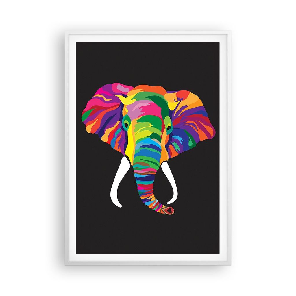 Gerahmtes Poster - Weißer Rahmen - Elefant spaß bunt tier - 70x100 cm - Wand Bild - Wanddeko - Wandbilder - Kunstposter - Wandposter - Bilderrahm...