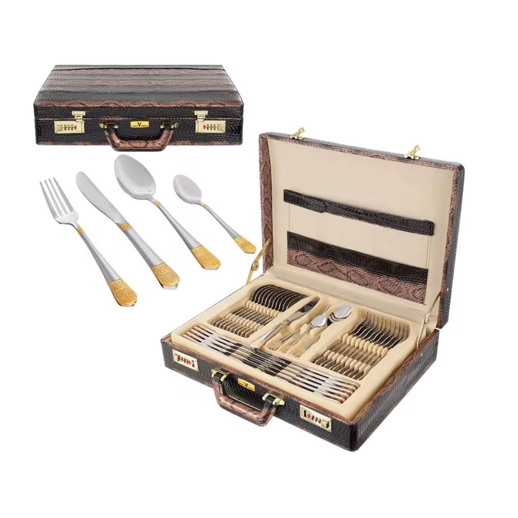 Besteckkasten Medusa 24k 72 Teile 12 Personen Exklusiv Luxus Besteck Set mit Lederkoffer 18/10 Edelstahl Hochwertig und Spülmaschinenfest