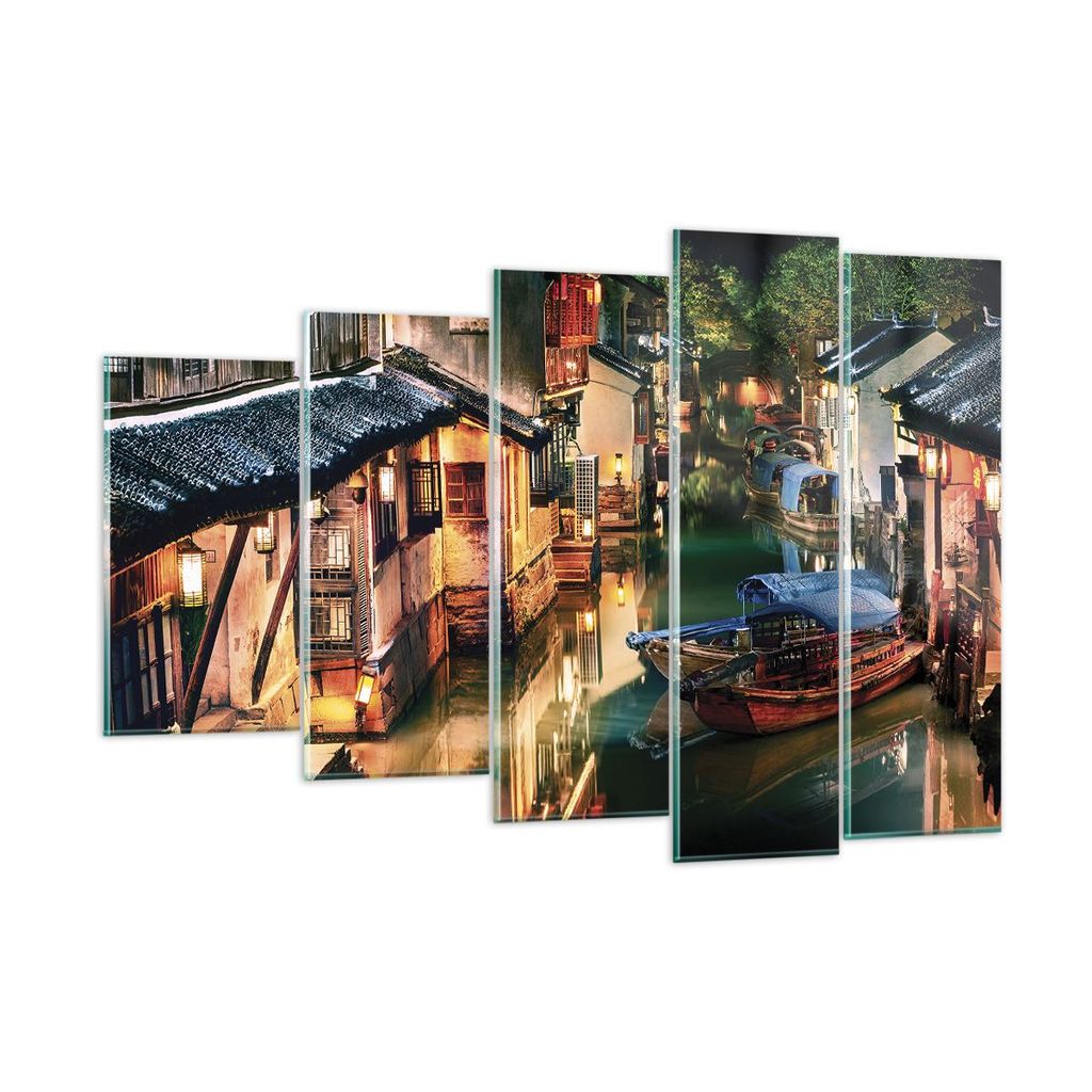 Bilder auf glas - 5 Teile - Chinesisch Stadt Nacht - 150x100cm - Glasbilder - Wandbilder - Bilder - zum Aufhängen bereit - Wanddekoration aus Glas...