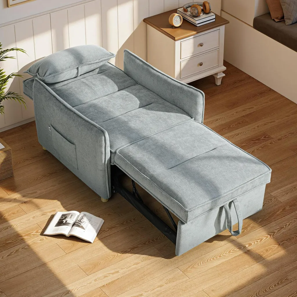 Chauffeuse convertible 1 place, fauteuil-lit en chenille grise douce - 11