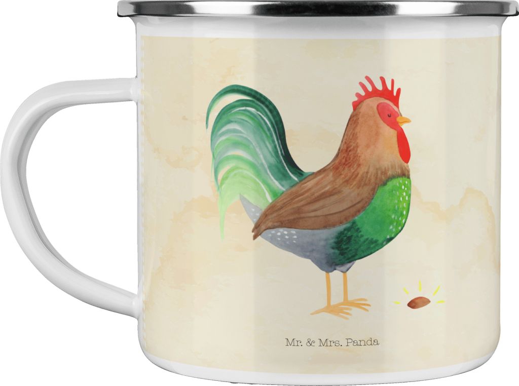 Mr. & Mrs. Panda Teetasse Hahn Korn - Vintage - Geschenk, Reisebecher, Teebecher, Natur, Bauernhof, Emaille Tasse, Haferl, Eier, Pott, Henne