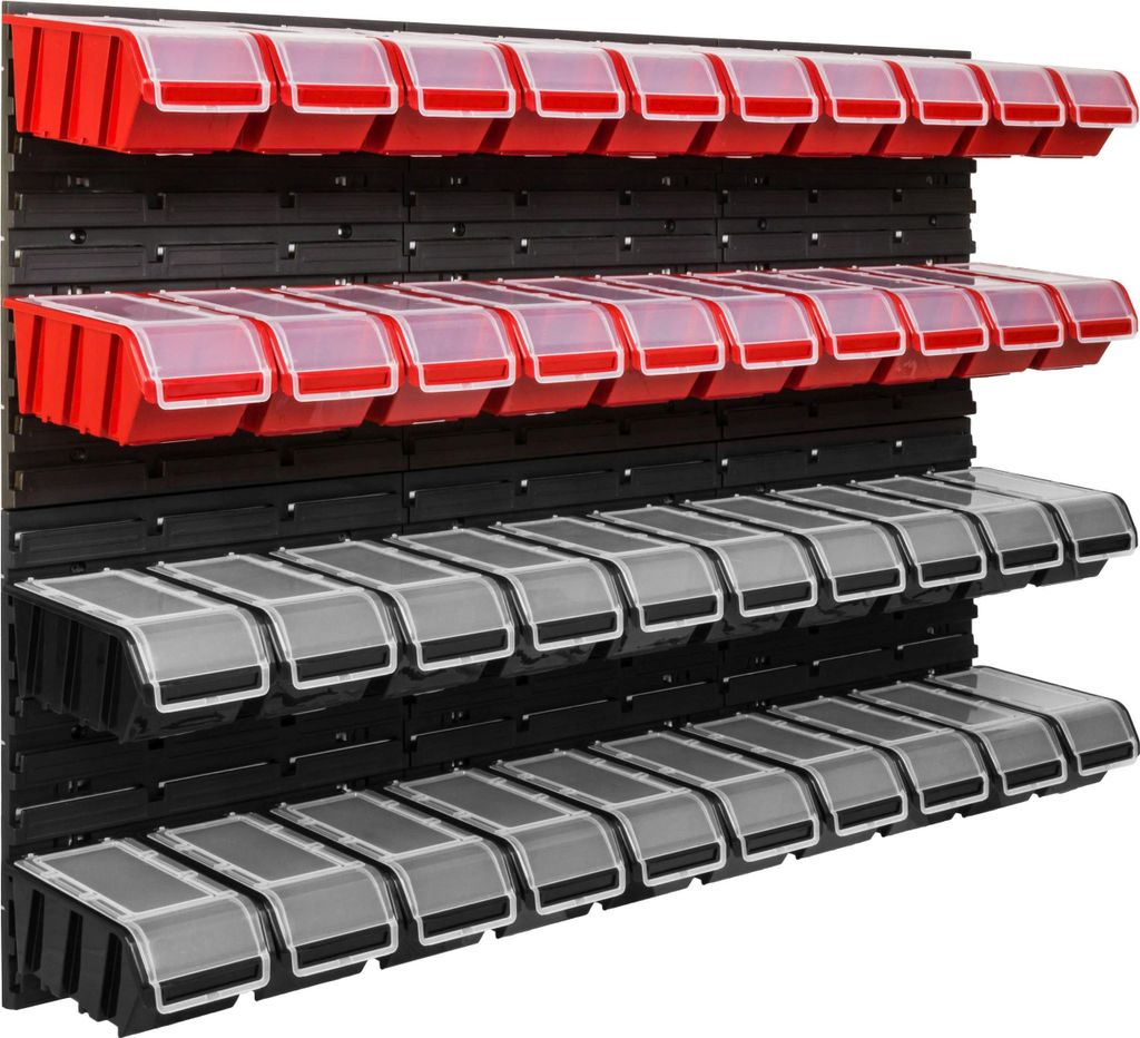 Lagersystem Werkstattregal | 117 x 78 cm | 40 stck. Box | Wandregal mit Stapelboxen - Wandplatten Extra Starke Schüttenregal Warkzeuglochwand Lage...