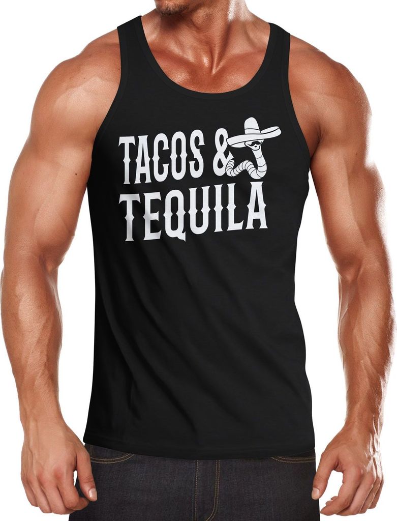 Herren Tanktop Tacos & Tequila Wurm Sombrero Tequilla Mexikanisch Moonworks schwarz S