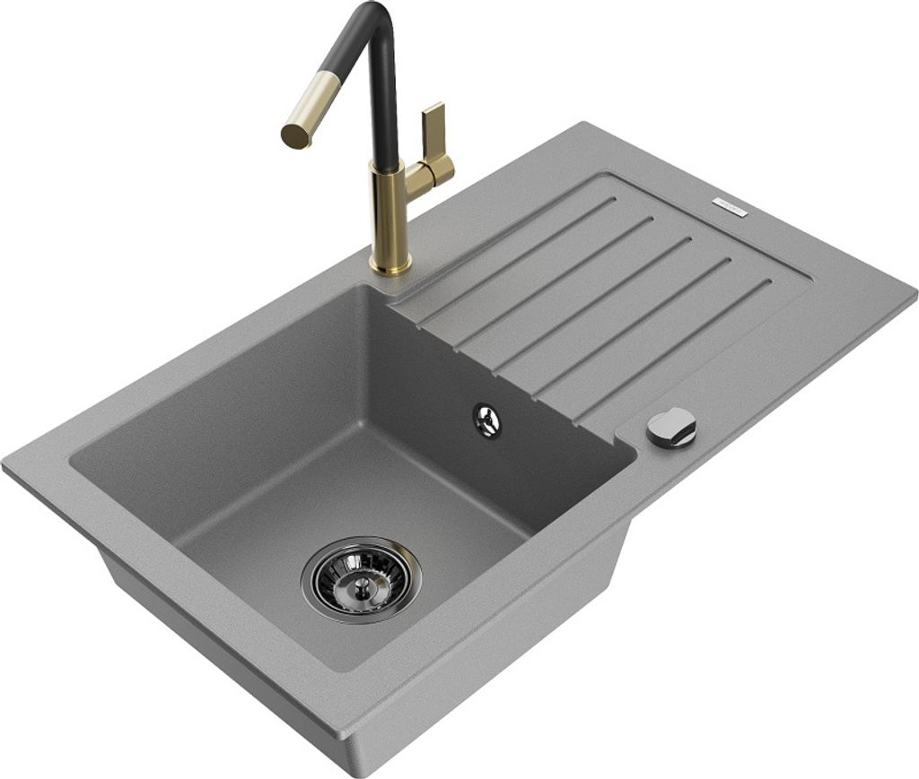 Mexen Pablo 1 Becken-Granitspüle mit Abtropffläche und Mischbatterie Flora, Grau - 6510-71-670401-57-B
