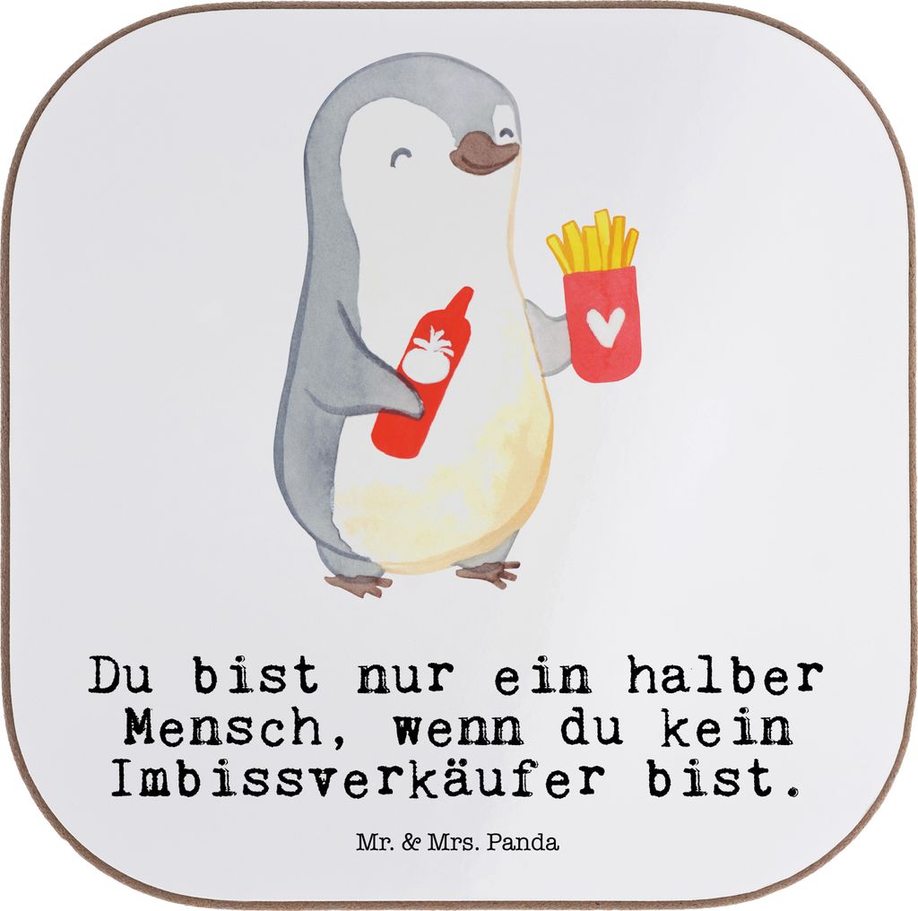 Mr. & Mrs. Panda Getränkeuntersetzer Imbissverkäufer Herz - Weiß - Geschenk, Witzig, Untersetzer Glas, Spruch, Gläser, Holzuntersetzer, Lustig,...