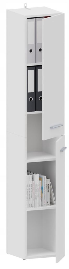 A tall, narrow white cabinet with doors and shelves, containing folders and books.