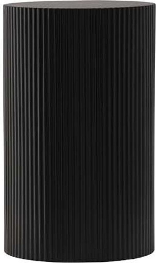 A studio shot of a black cylindrical table with vertical ribbed texture.