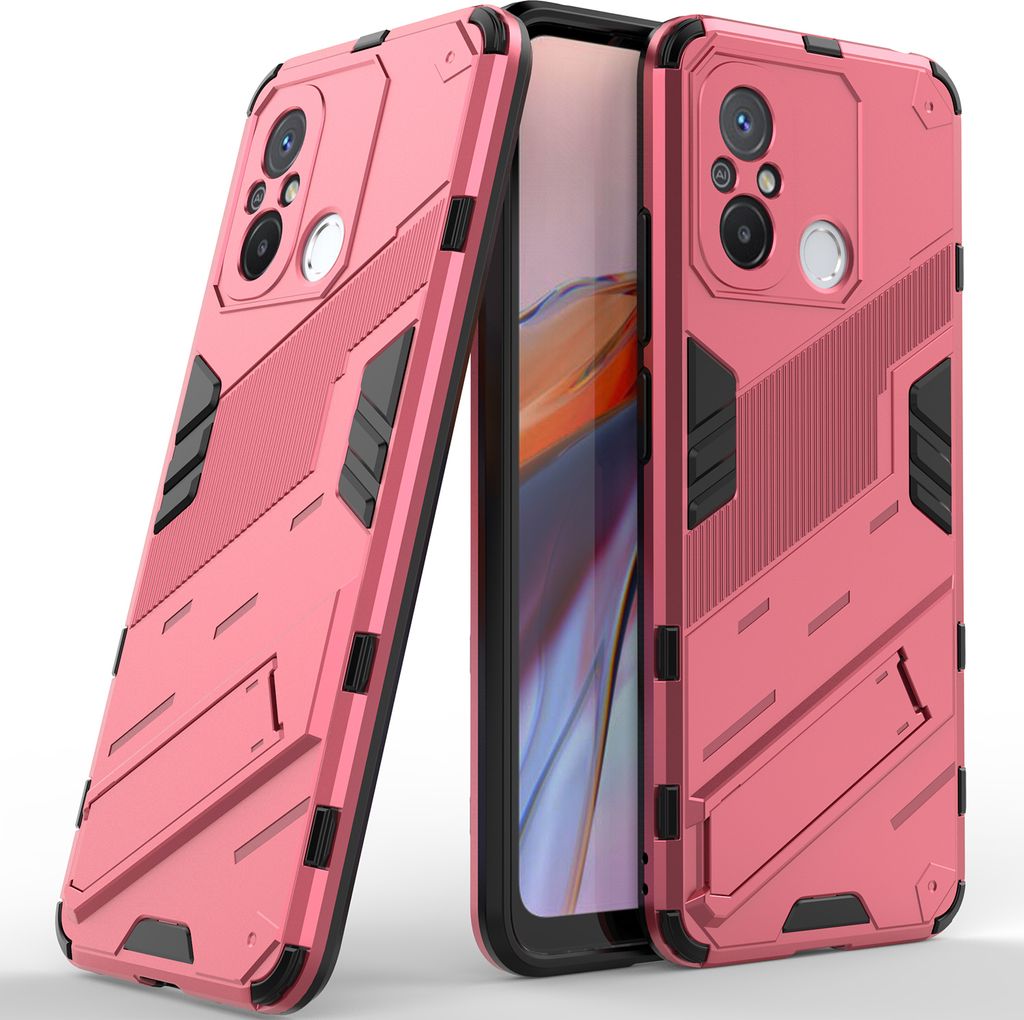 Armor Hülle für Xiaomi Poco C55 /Redmi 12C, Hybrid PC TPU Bumper Stoßfestes Schutzhülle mit Standfunktion Rosa