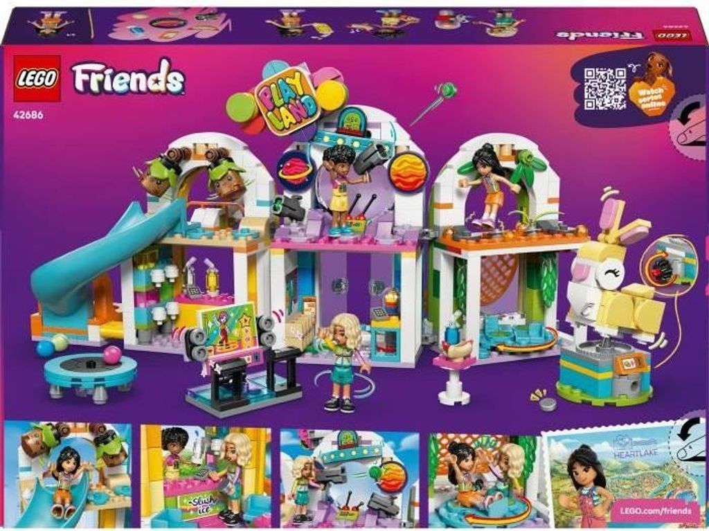 LEGO Friends 42686 Indoor-Spielplatz, Bauset ab 7 Jahren, Kletternetz, Bällebad, 3 Mini-Puppen