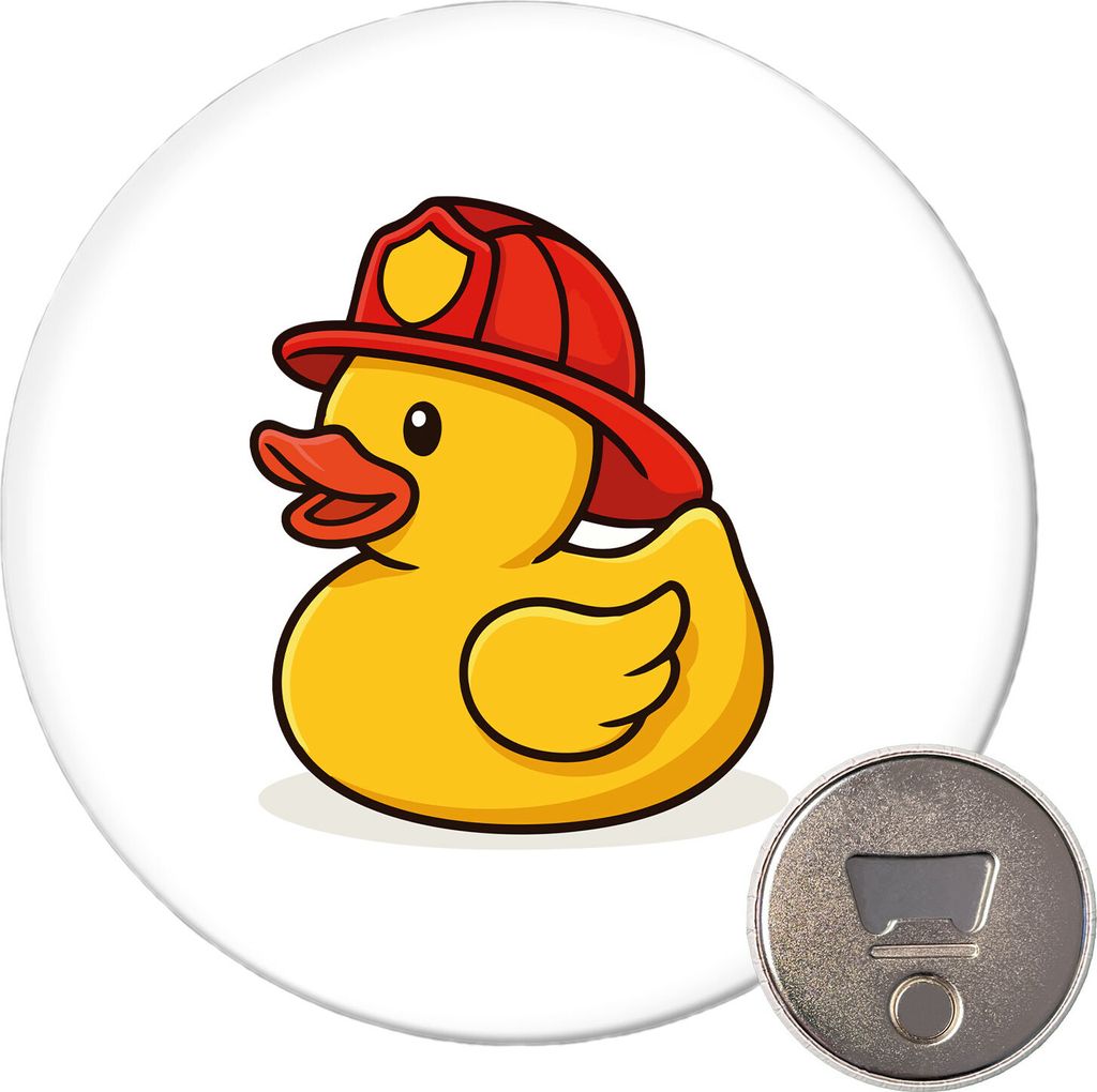 Huuraa Magnet Quietscheente Feuerwehr Comic Gummiente 59mm Kühlschrankmagnet rund Flaschenöffner Geschenkidee
