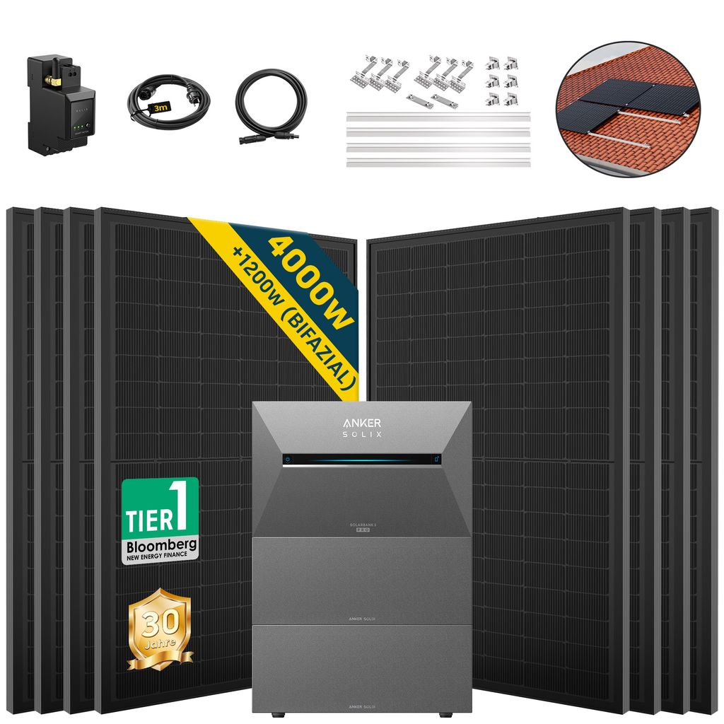 ALLDREI Balkonkraftwerk mit Speicher Anker Solix Solarbank 3 E2700 Pro & BP2700x2,Komplettset mit 8x500W Bifazialer Solarpanel & Smarten Zähler