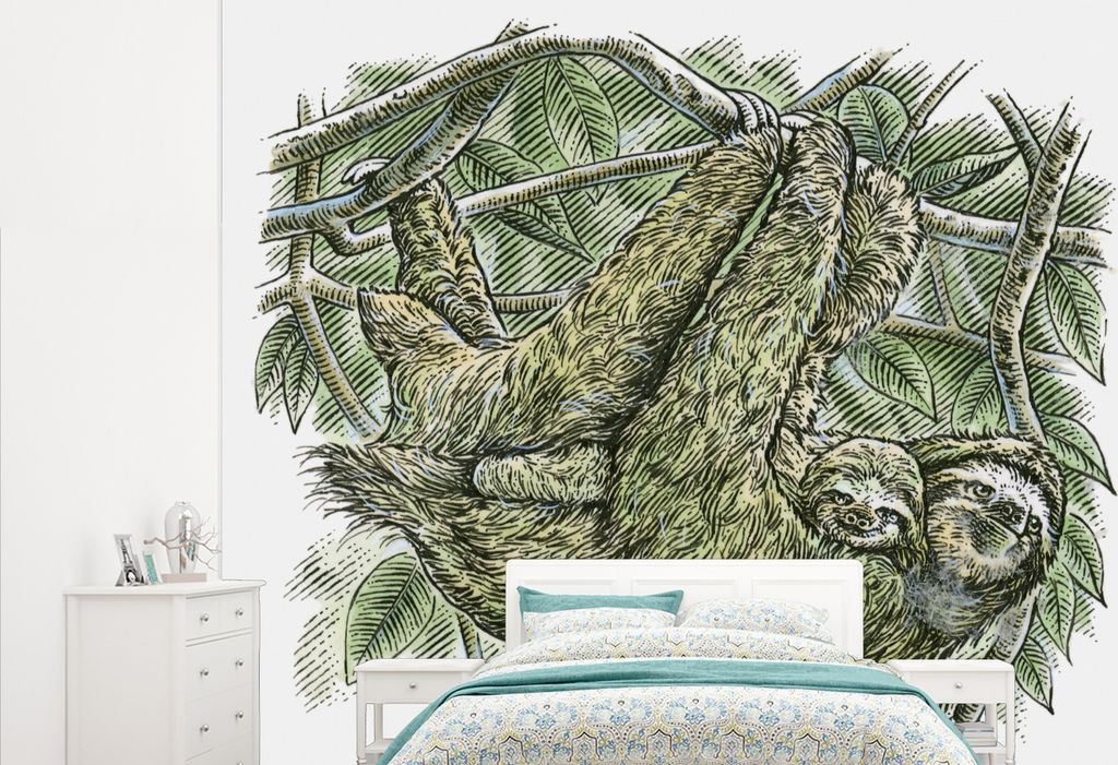 MuchoWow Fototapete für Wohnzimmer oder Schlafzimmer Wandtapete Vinyl Motivtapete Eine Illustration eines Faultiers mit einem kleinen Faultierba...