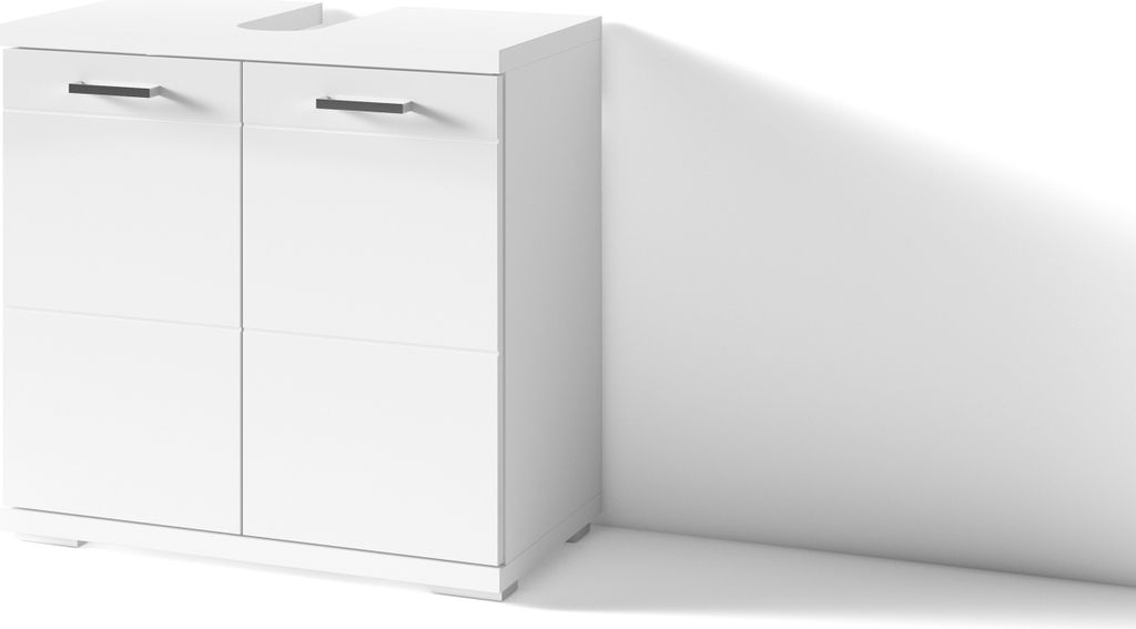 A white bathroom vanity cabinet with two doors and two drawers, placed against a white wall with dramatic lighting and shadows.