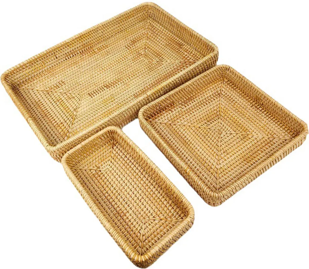 Corbeille de Rangement Ronde en Rotin : Lot de 3 Plateaux de Service Chic