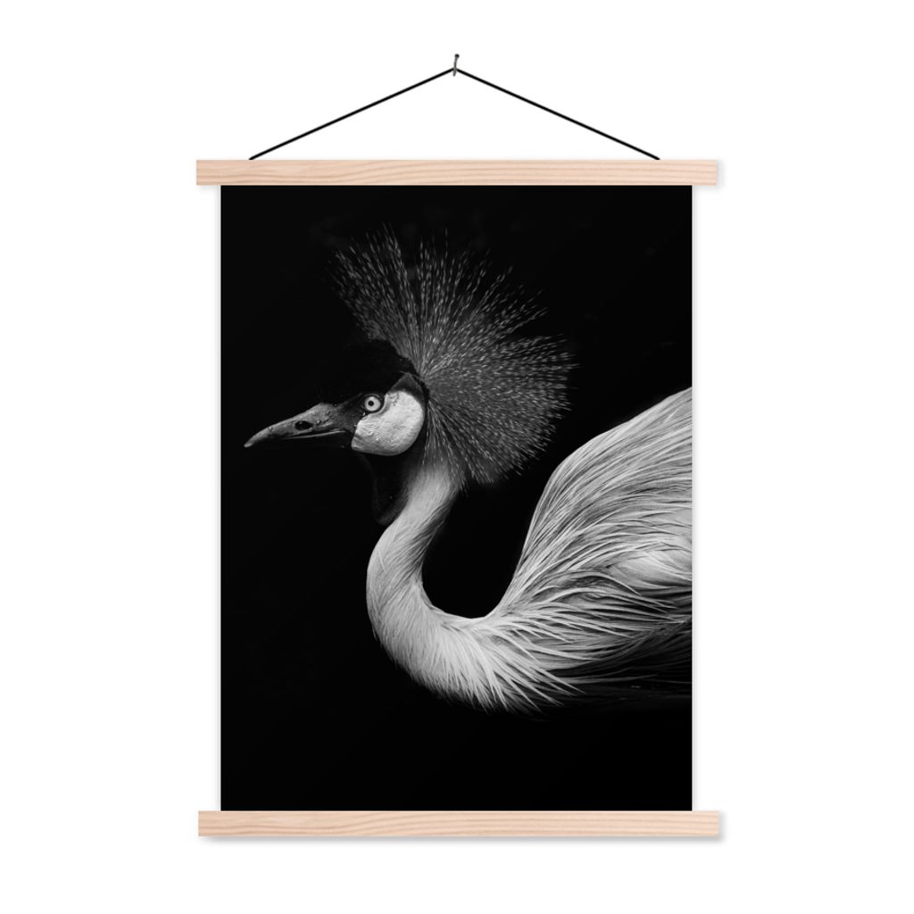MuchoWow Textilposter Kranich - Schwarz - Weiß - Vogel - Tiere 120x160 cm mit holzfarbenen Rahmen - Plakatkarton